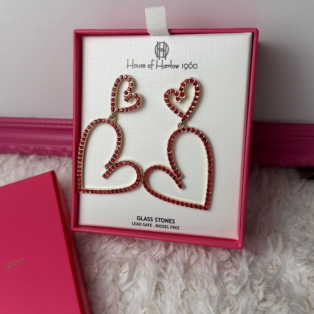 House of Harlow 1960, rhinestone heart‎ earrings medium sized - Picture 2 of 8
